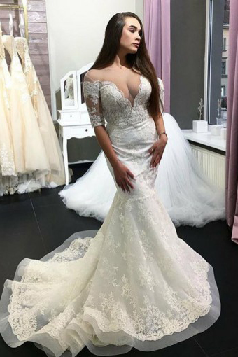 Deep V-Neck Mermaid Wedding Dresses | Half Sleeves Long Dresses For Bridal