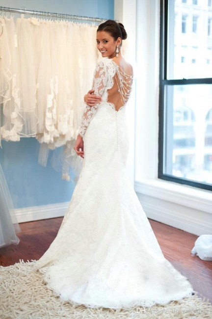 Elegant A Line Lace 2020 Wedding Dresses with Sleeves Open Back Plus Size Dresses