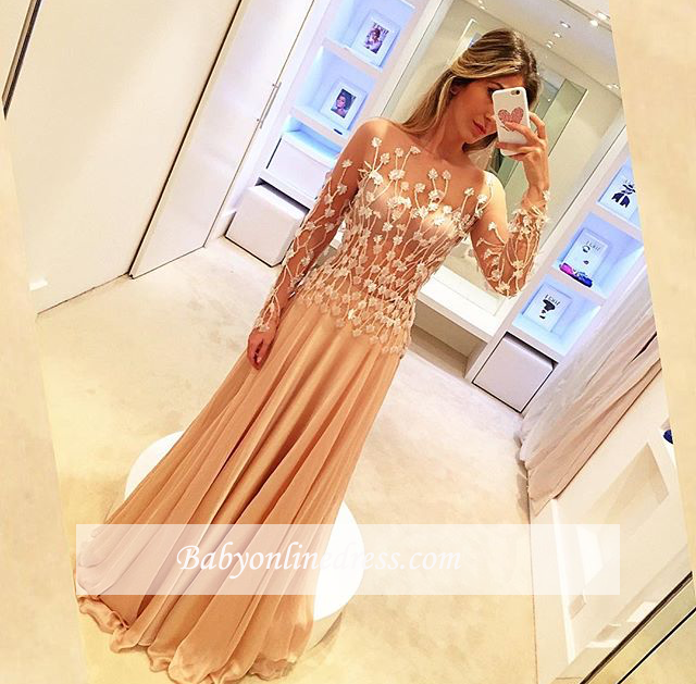 Gorgeous Long Sleeves Chiffon Evening Gowns Long Appliques Prom Dresses