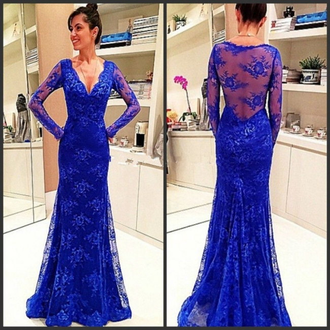 Elegant Long-Sleeve Royal-Blue Evening Gowns Lace Prom Dress