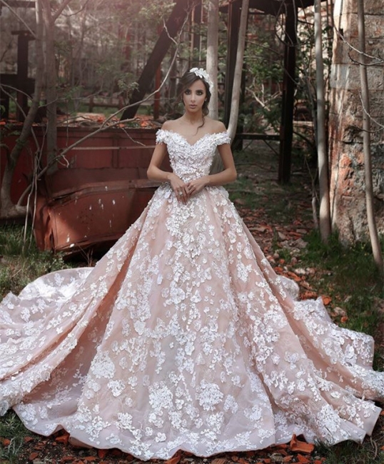 Elegant Pink Off-the-shoulder Appliques Wedding Dresses 2020 Chapel Train Party Dresses