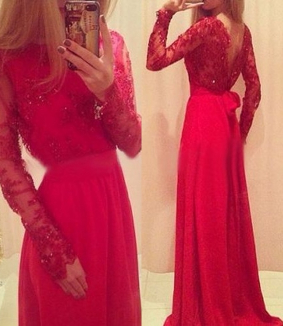 Red Long Prom Dresses Lace Beaded Long Sleeves with Bow Formal A-line Evening Gowns