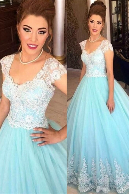 A-Line White Blue Lace Tulle Prom Dresses 2018 Floor Length Quinceanera Dresses