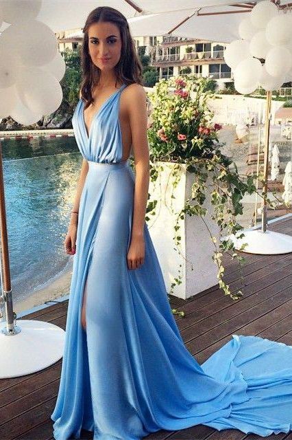 Sky Blue Deep V Neck Prom Dresses Side Split Backless Chiffon