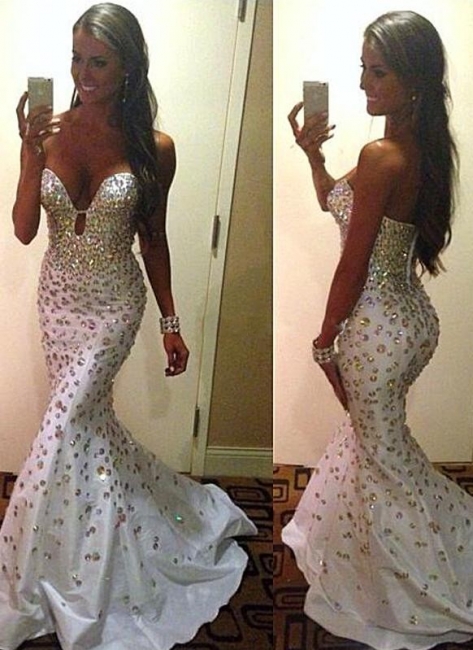 Sexy Diamond Mermaid White Evening Gowns Deep Neck Rhinestones Shiny Prom Dresses Babyonlinedress UK