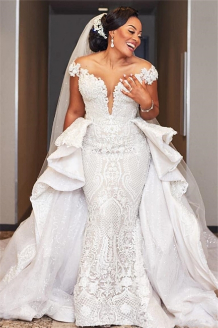 Elegant Off the Shoulder Lace Wedding Dresses With Detachable Train