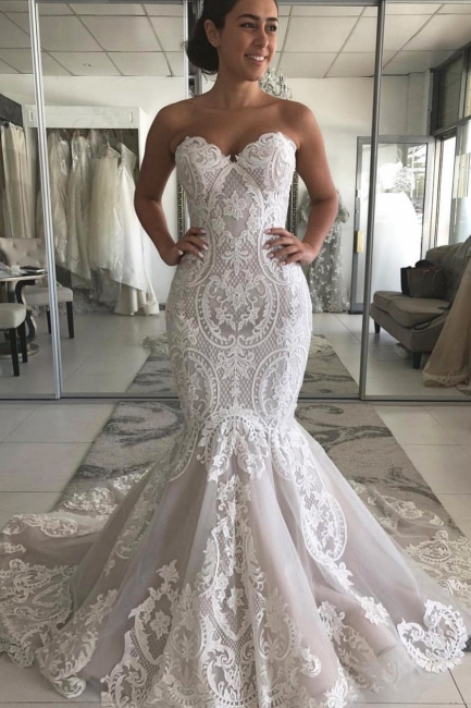 Off the Shoulder Lace Fit and Flare Sweetheart Wedding Dresses