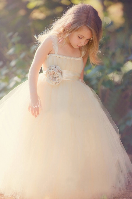 Lace Straps Champagne Tulle Flower Girl's Dresses Bowknot Handmade Girl's Formal Occasion Dresses