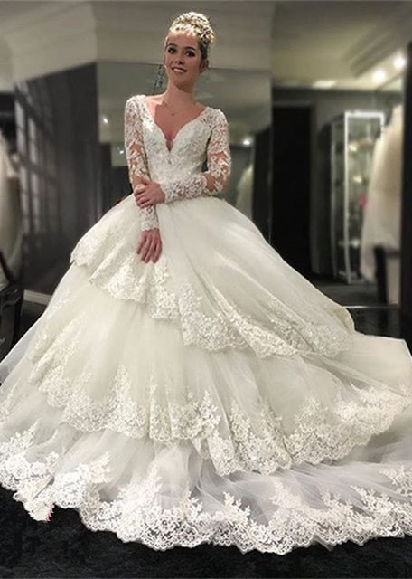 Delicate Three Layers Long Sleeves Ball-Gown Lace Appliques Wedding Dress