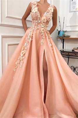 Straps V Neck Applique A Line Prom Dresses | Front Slit Sleeeveless Evening Dresses_1