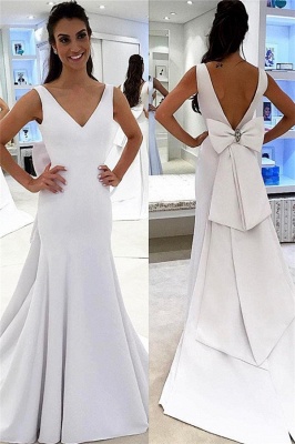 A-line Chic Backless White Simple Sashea V-neck Wedding Dress_2