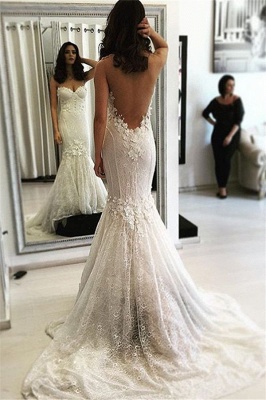 Sexy Sweetheart Mermaid Lace Sweep Train Backless Wedding Dresses_2