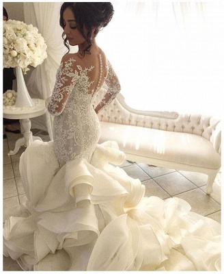 Elegant Organza Mermaid V-Neck Lace Applique Ruffles Wedding Dresses with Long Sleeves_3