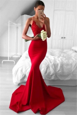 Sexy Red Mermaid Evening Gowns | Spaghettis Straps V-Neck Prom Dresses_2