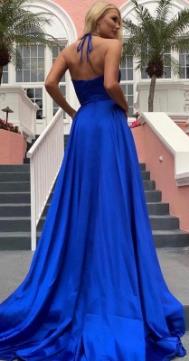 Sexy Spaghetti Straps V-neck Silky Prom Dresses with High Slit in Royal Blue_5