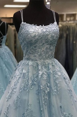 Criss-cross Straps A-line Lace Appliques Tulle Blue Prom Dresses_4