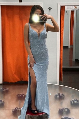 Straps Sweetheart Form-fitting Sequin Prom Dresses with Side Slit_1