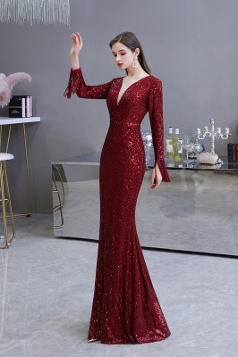 V-neck Long Sleeves Form-fitting Floor Length Burgundy Sequin Prom Dresses_23