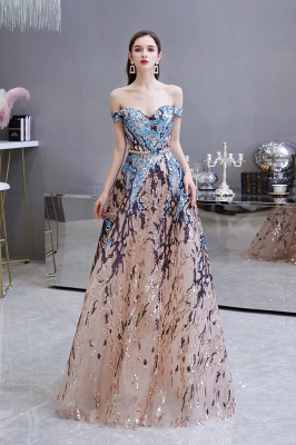 Off the Shoulder Sweetheart Beaded Belted Sparkly A-line Prom Dresses_2