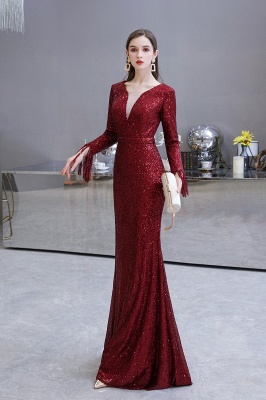 V-neck Long Sleeves Form-fitting Floor Length Burgundy Sequin Prom Dresses_25