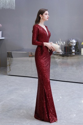 V-neck Long Sleeves Form-fitting Floor Length Burgundy Sequin Prom Dresses_29