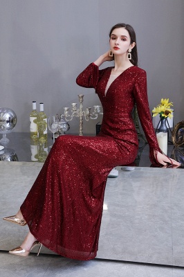 V-neck Long Sleeves Form-fitting Floor Length Burgundy Sequin Prom Dresses_22