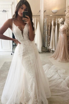 Spaghetti Straps Lace Mermaid Removable Detachable Wedding Dresses_1