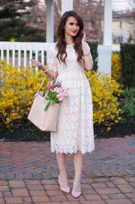 Jewel Short Sleeves Grace Midi Dresses for Spring Wedding Party_1