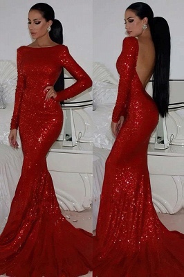 Stunning Bateau Sequins Long Sleeves Open Back Mermaid Prom Dress_1