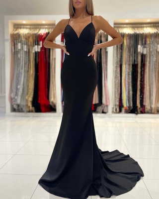 Vintage Black Floor-length Spaghetti Straps V-neck Backless Mermaid Prom Dress_3