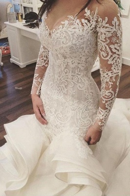 Elegant Organza Mermaid V-Neck Lace Applique Ruffles Wedding Dresses with Long Sleeves_1