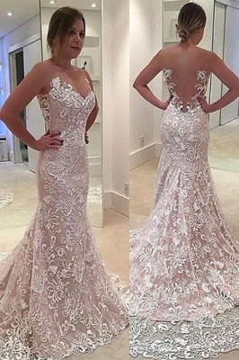 Elegant Sleeveless Sheer Tulle Court Train Lace Mermaid Wedding Dress_1