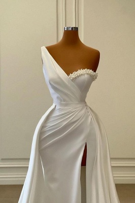 Unique White color One Shoulder Mermaid Evening Dress with Half Train_3