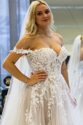 Sexy Lace Appliques Off-the-shoulder Side Split Wedding Dress_2