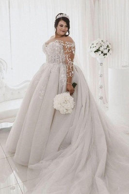 Plus Size Jewel Long Sleeve Applique Ball Gown Wedding Dresses | Pearls Bridal Gown_1