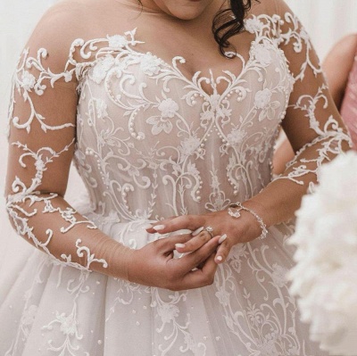 Plus Size Jewel Long Sleeve Applique Ball Gown Wedding Dresses | Pearls Bridal Gown_2