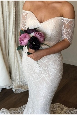 Sexy Off The Shoulder Half Sleeve Lace Mermaid Wedding Dress | Backless Bridal Gown_2