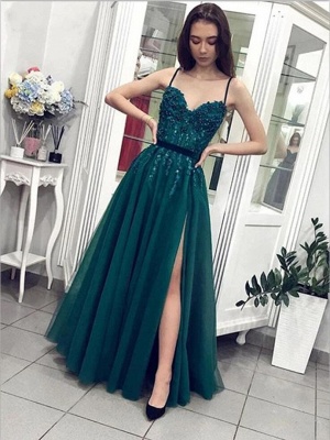 Elegant Tulle Spaghetti Straps A-Line Sweetheart  Prom Dress With Pearl Split_2