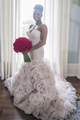 Sweetheart Sleeveless Ruffles Court-Train Open Back Organza Sheath Wave-Design Wedding Dress_2