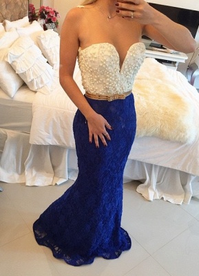 Pearls Top Lace Mermaid Prom Dresses White and Royal Blue Long Formal Evening Gowns_1