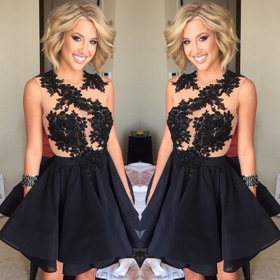 Black Sleeveless A-Line Short Appliques Homecoming Dresses_3