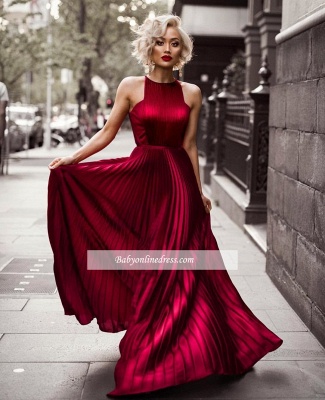 Sheath Burgundy Sleeveless Floor Jewel Dresses Length Pleats Prom Evening Dresses_1