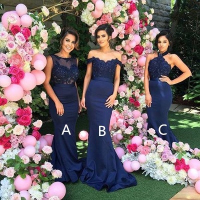 Elegant Mermaid Bridesmaid Dresses 3 Style Appliques Satin Long Prom Dresses_3