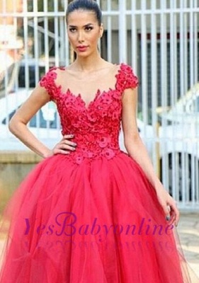 Ball-Gown Hi-lo Cap-Sleeves Flowers Prom Dress Tired Pearls Evening Gowns_3