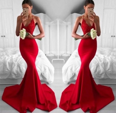 Sexy Red Mermaid Evening Gowns | Spaghettis Straps V-Neck Prom Dresses_3