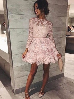 Chic Sheer Long Sleeves A-Line Homecoming Dresses | Pink Ruffles Lace Mini Cocktail Dresses_1