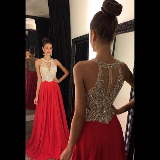 Red Chiffon Prom Dresses Halter V Neck Sleeveless Beading Long A-line Evening Gowns_4