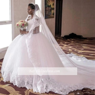 Gorgeous Tulle Cap Sleeve Lace Appliques Long Ball Gown Wedding Dress_1