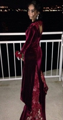 Velvet Burgundy Long Prom Dresses Deep V Neck Long Sleeves Lace Sexy Evening Gowns_1