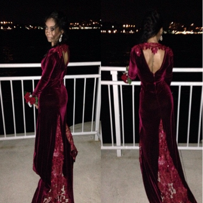 Velvet Burgundy Long Prom Dresses Deep V Neck Long Sleeves Lace Sexy Evening Gowns_3